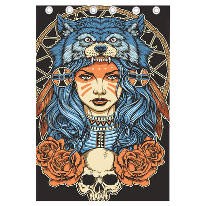 Native American Wolf Girl Print Curtain