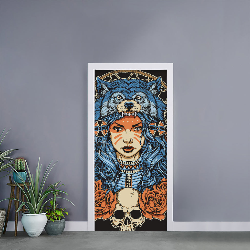 Native American Wolf Girl Print Door Sticker