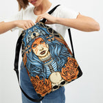 Native American Wolf Girl Print Drawstring Backpack