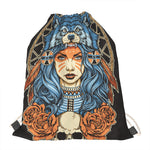 Native American Wolf Girl Print Drawstring Bag
