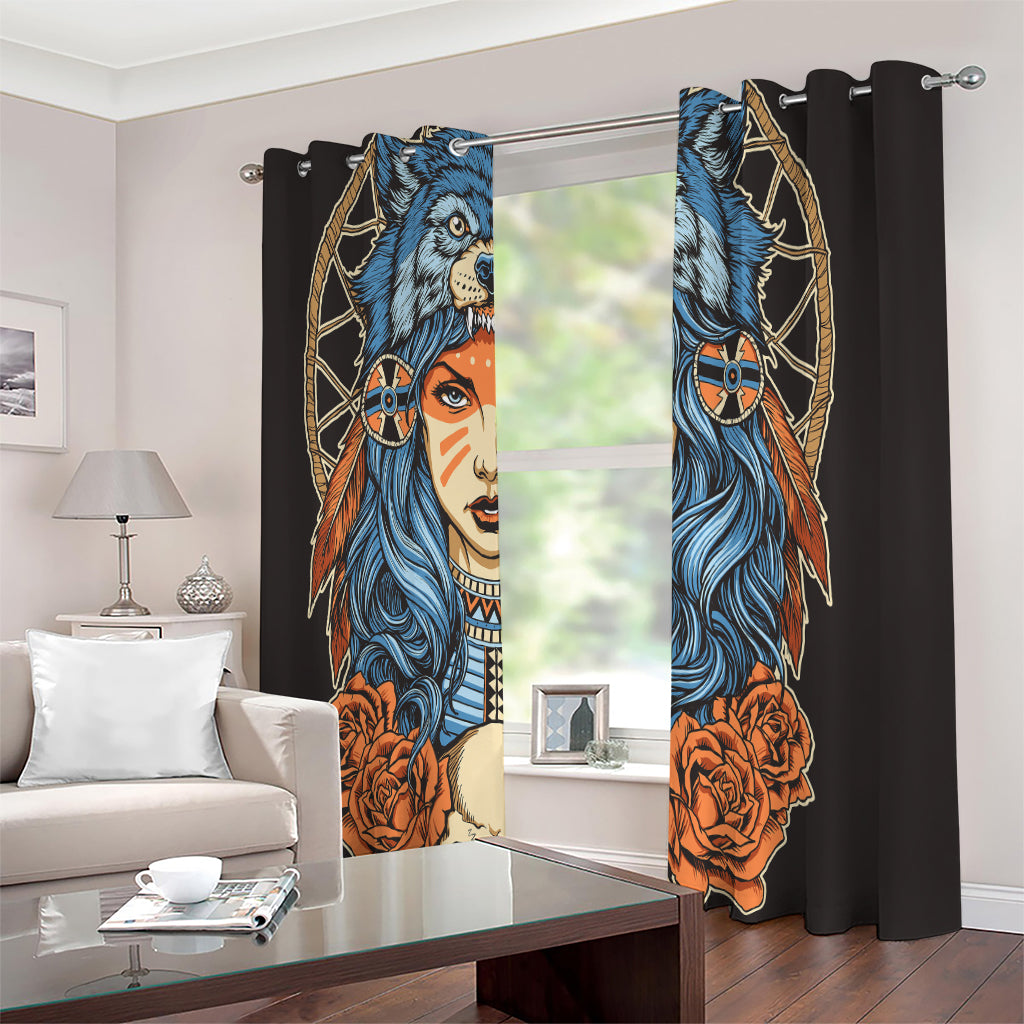 Native American Wolf Girl Print Extra Wide Grommet Curtains