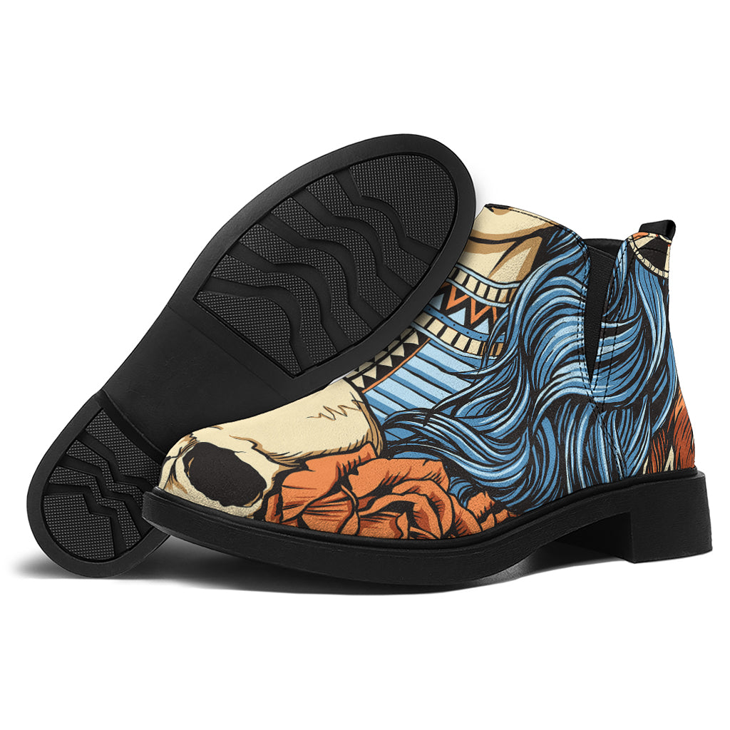 Native American Wolf Girl Print Flat Ankle Boots