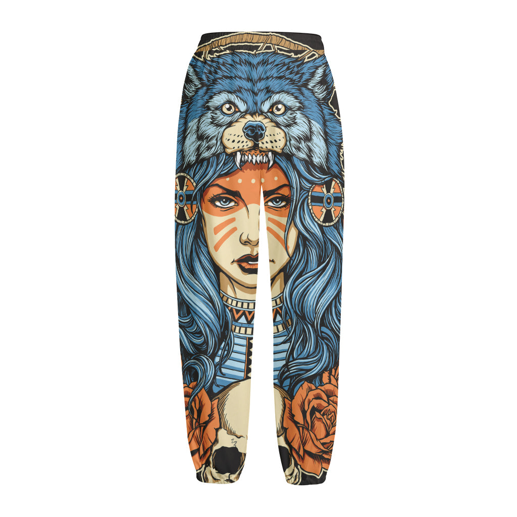 Native American Wolf Girl Print Fleece Lined Knit Pants