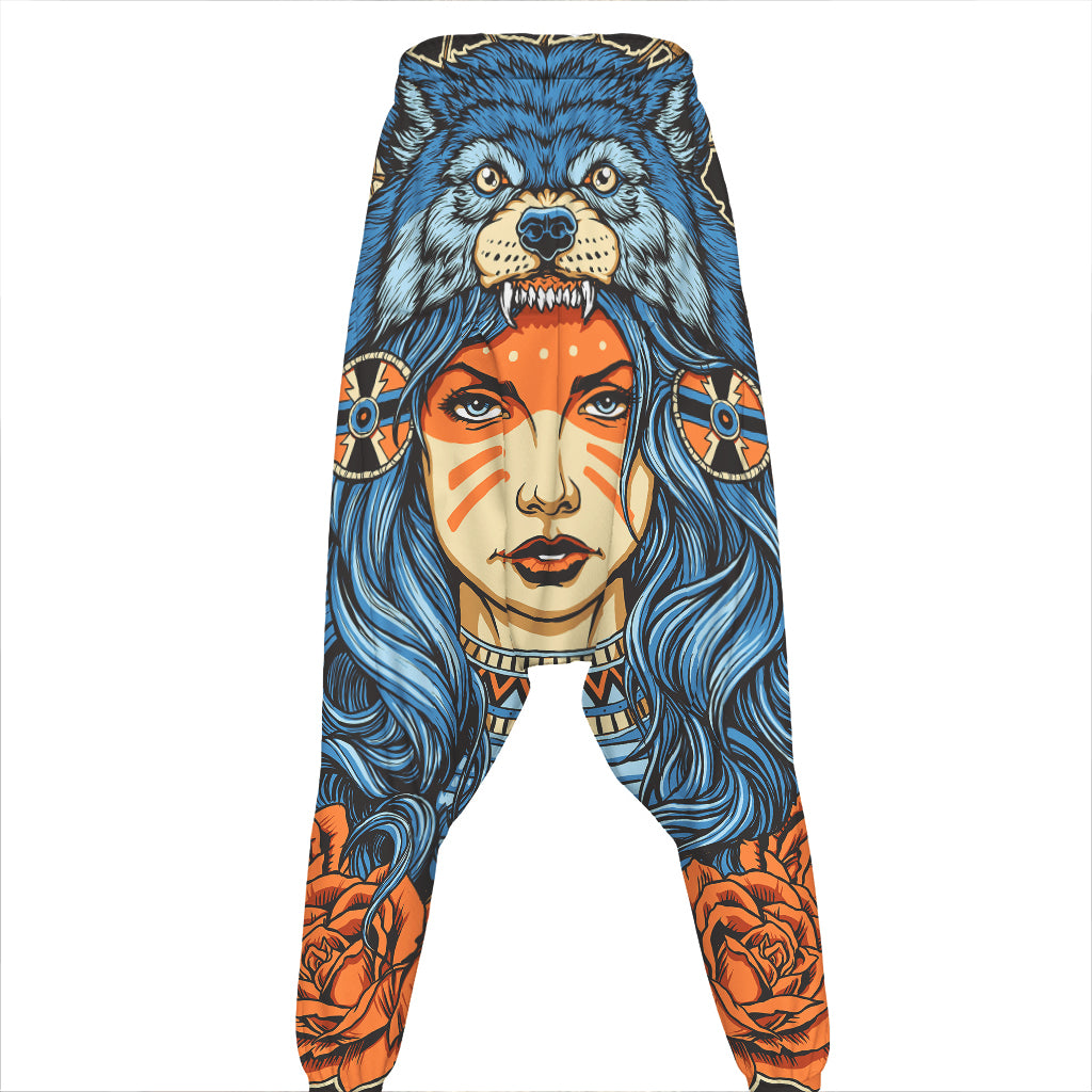 Native American Wolf Girl Print Hammer Pants