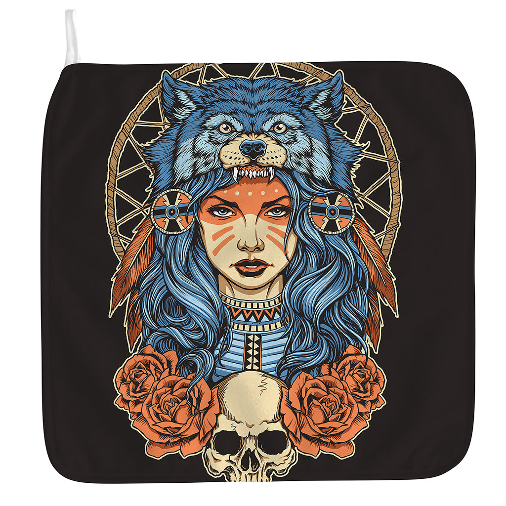 Native American Wolf Girl Print Hand Towel
