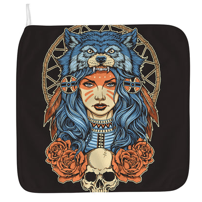Native American Wolf Girl Print Hand Towel