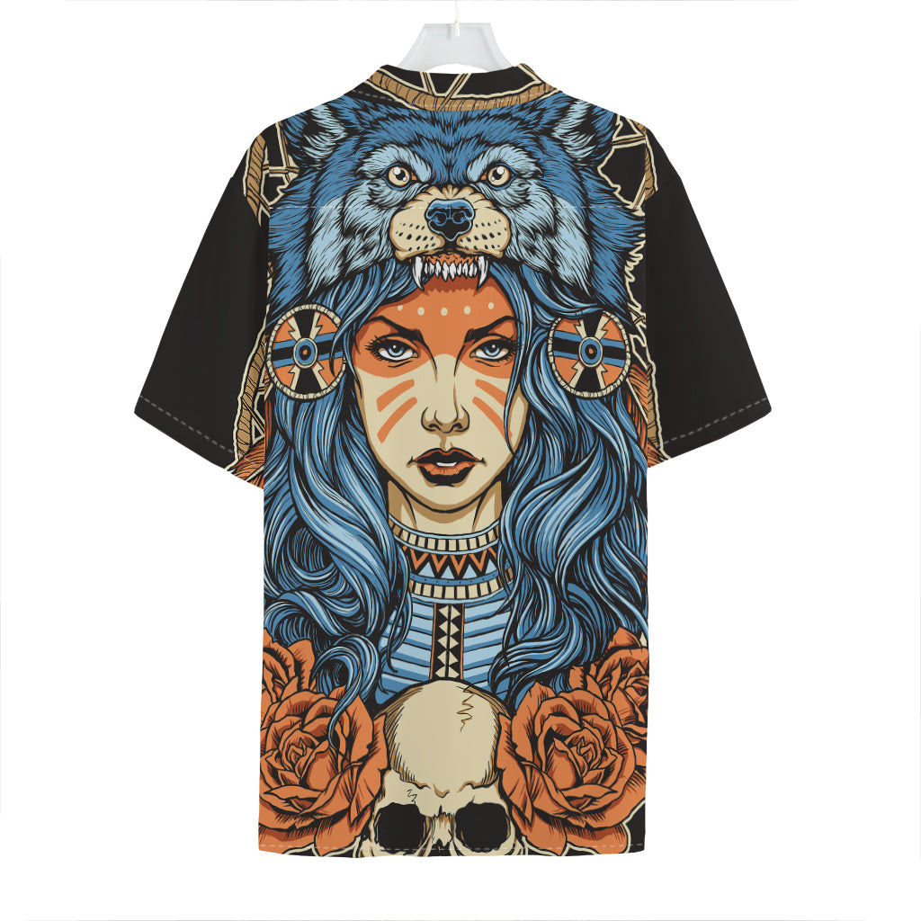 Native American Wolf Girl Print Hawaiian Shirt