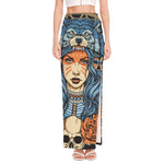 Native American Wolf Girl Print High Slit Maxi Skirt