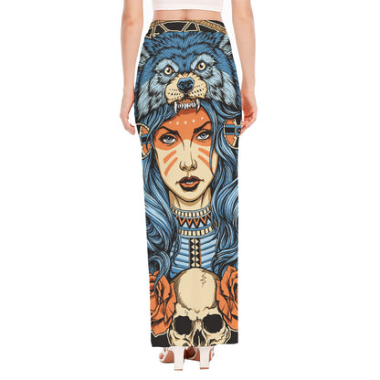 Native American Wolf Girl Print High Slit Maxi Skirt