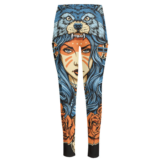 Native American Wolf Girl Print High-Waisted Pocket Leggings