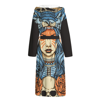 Native American Wolf Girl Print Hooded Bathrobe
