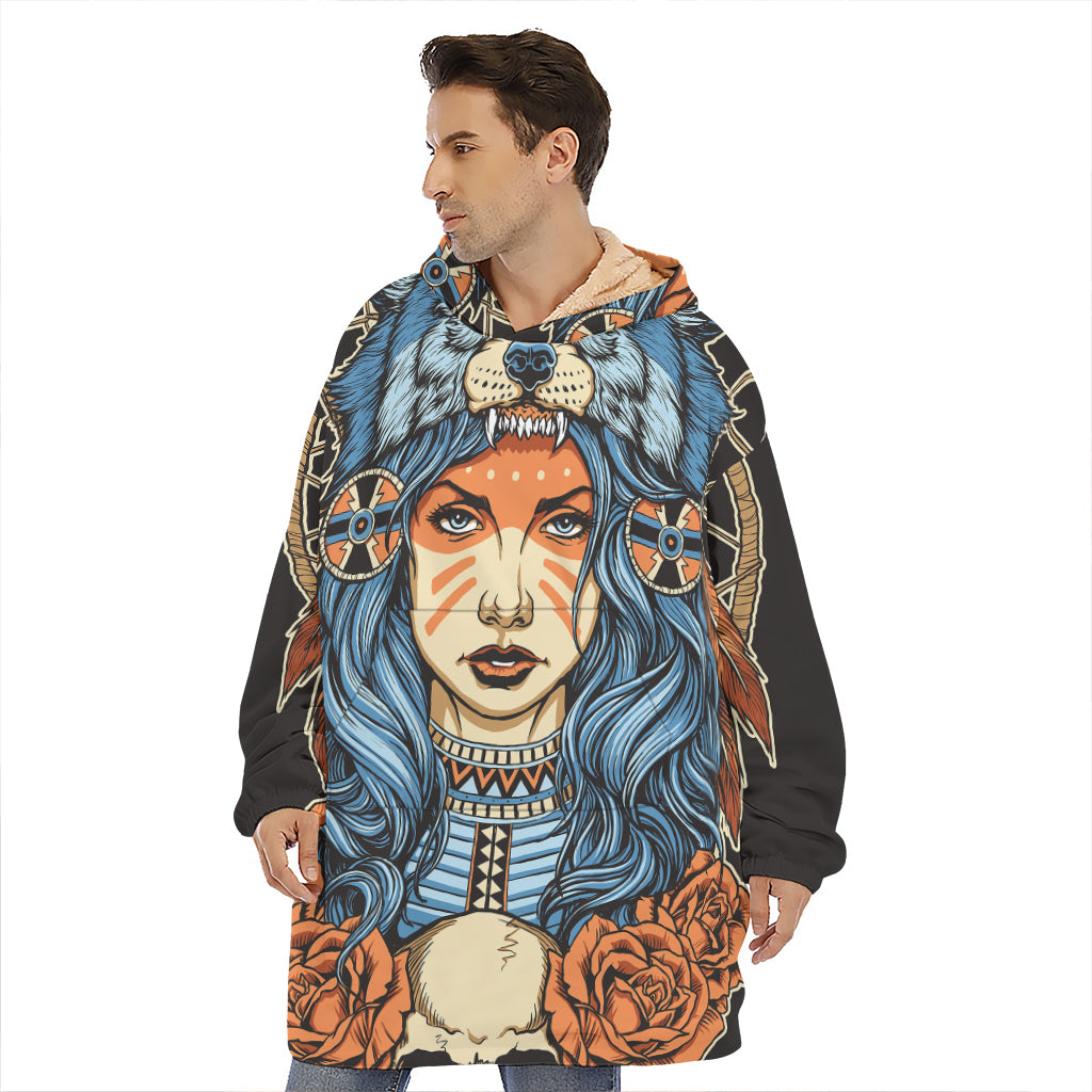 Native American Wolf Girl Print Hoodie Blanket