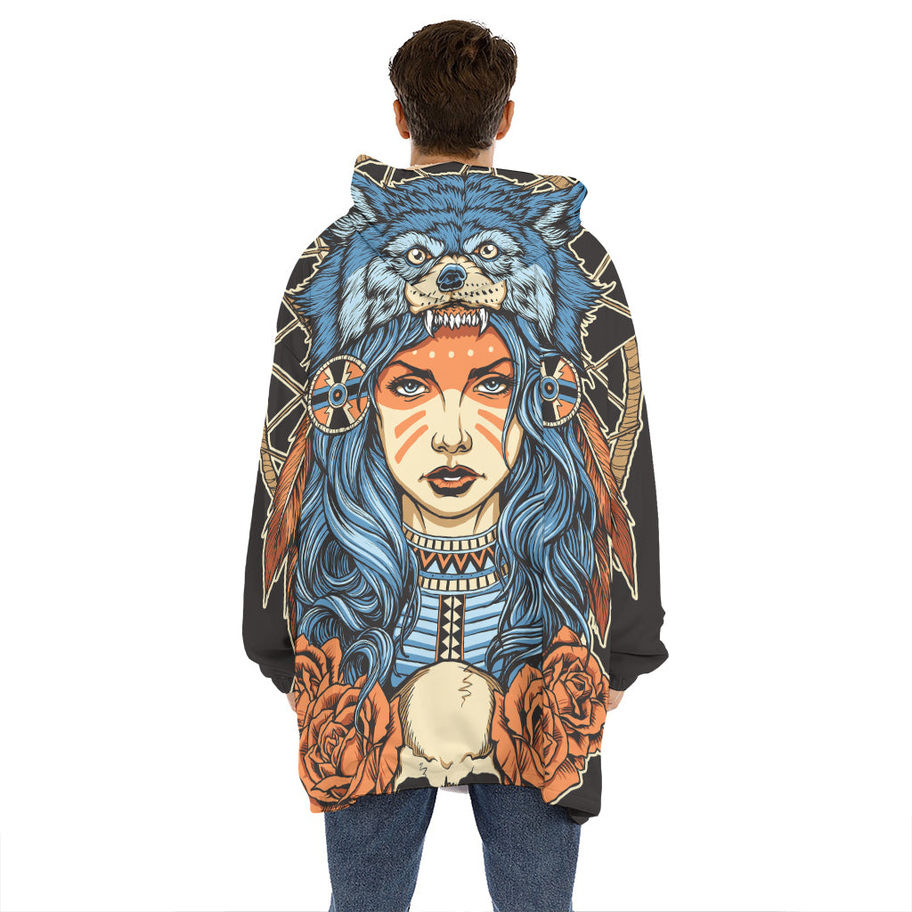 Native American Wolf Girl Print Hoodie Blanket