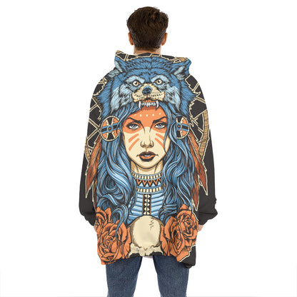 Native American Wolf Girl Print Hoodie Blanket