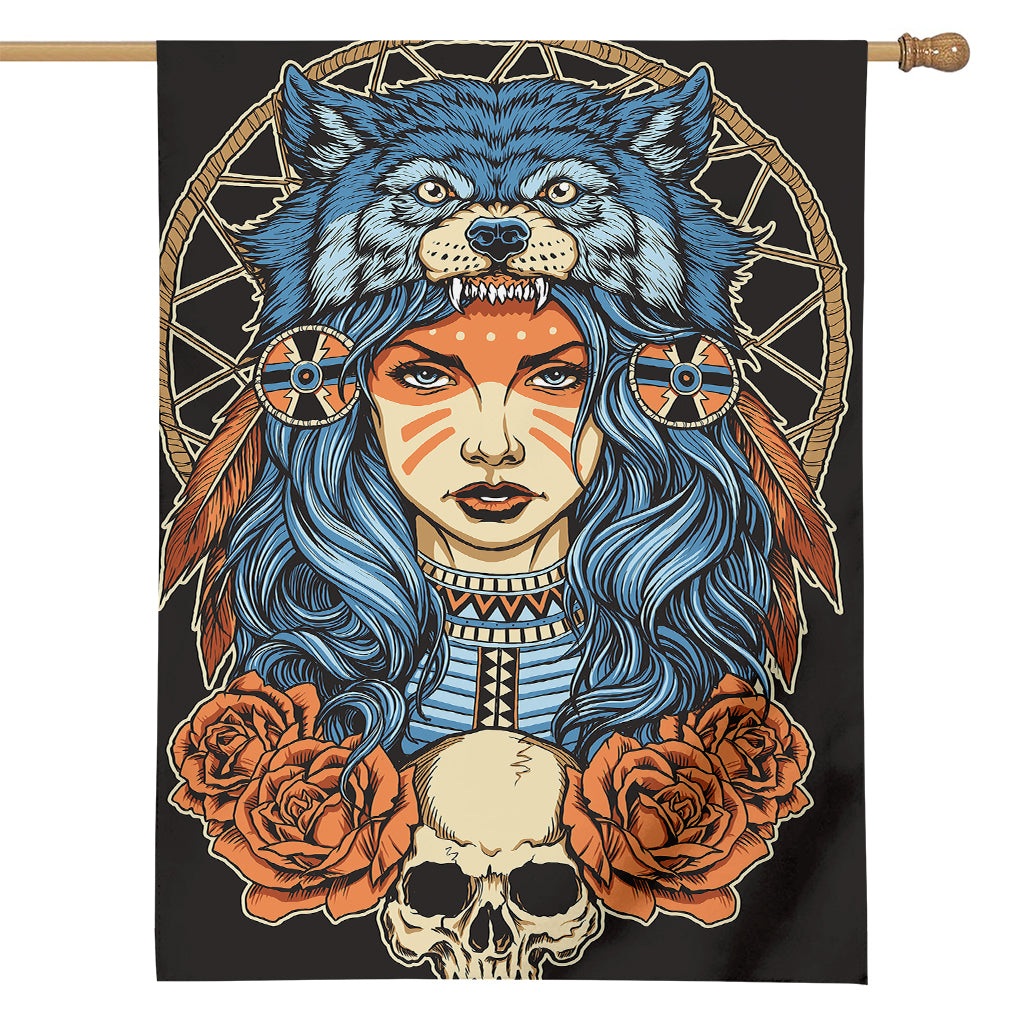 Native American Wolf Girl Print House Flag