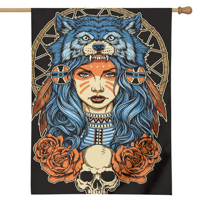 Native American Wolf Girl Print House Flag