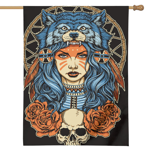 Native American Wolf Girl Print House Flag
