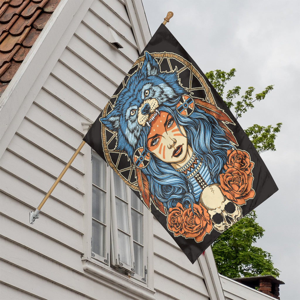 Native American Wolf Girl Print House Flag
