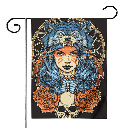 Native American Wolf Girl Print House Flag