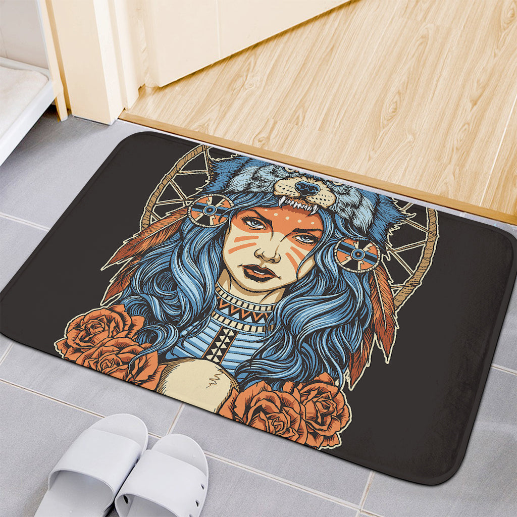 Native American Wolf Girl Print Indoor Door Mat