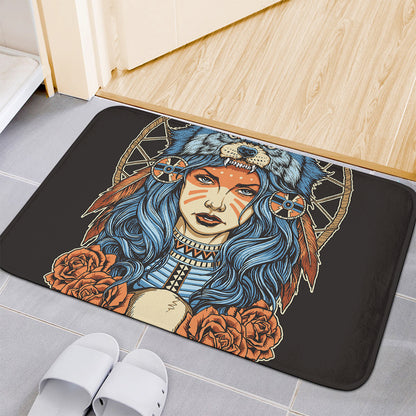 Native American Wolf Girl Print Indoor Door Mat