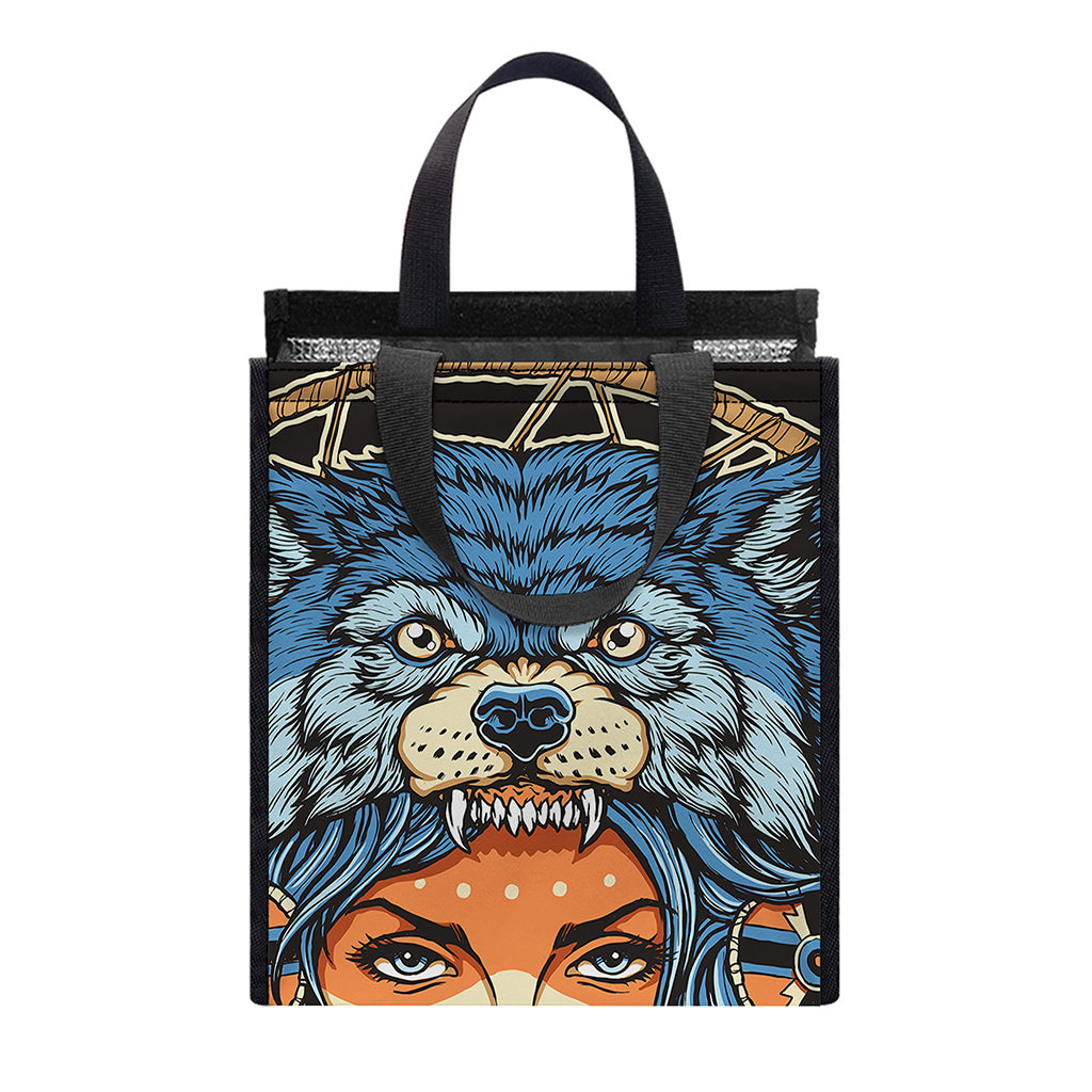 Native American Wolf Girl Print Insulated Lunch Tote