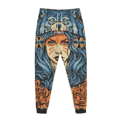 Native American Wolf Girl Print Jogger Pants