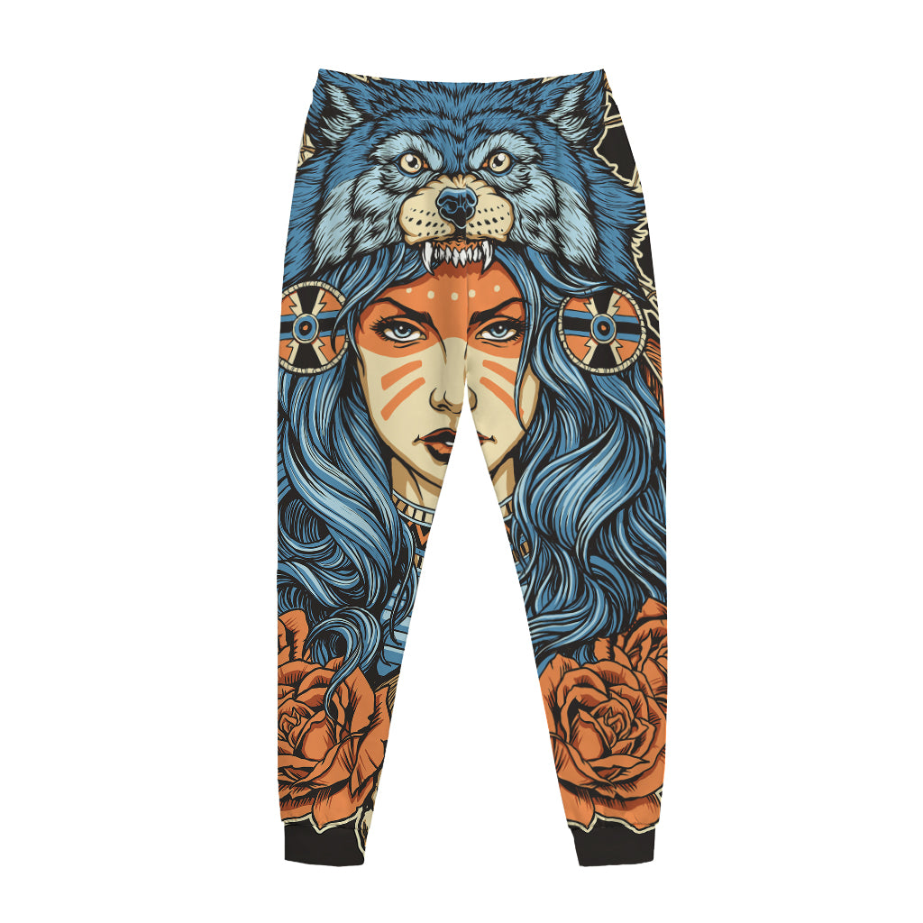 Native American Wolf Girl Print Jogger Pants