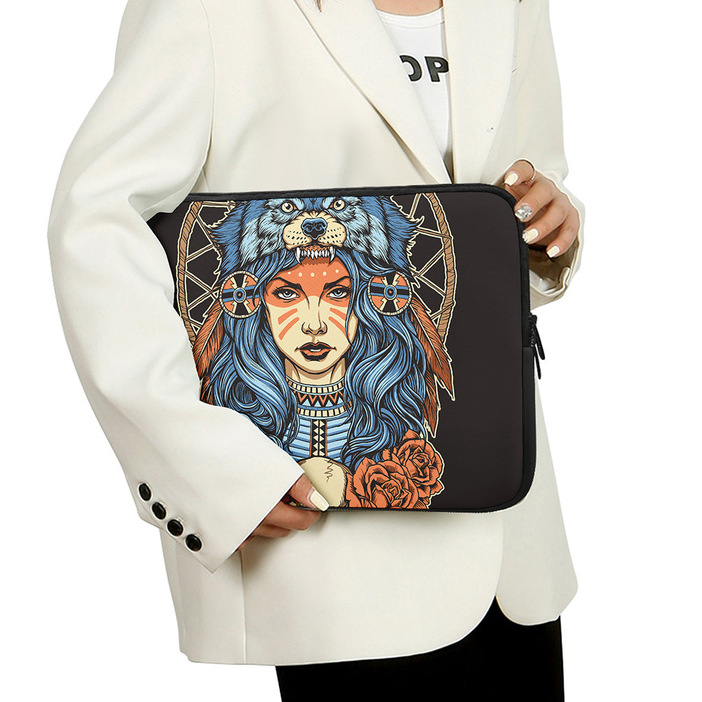 Native American Wolf Girl Print Laptop Sleeve