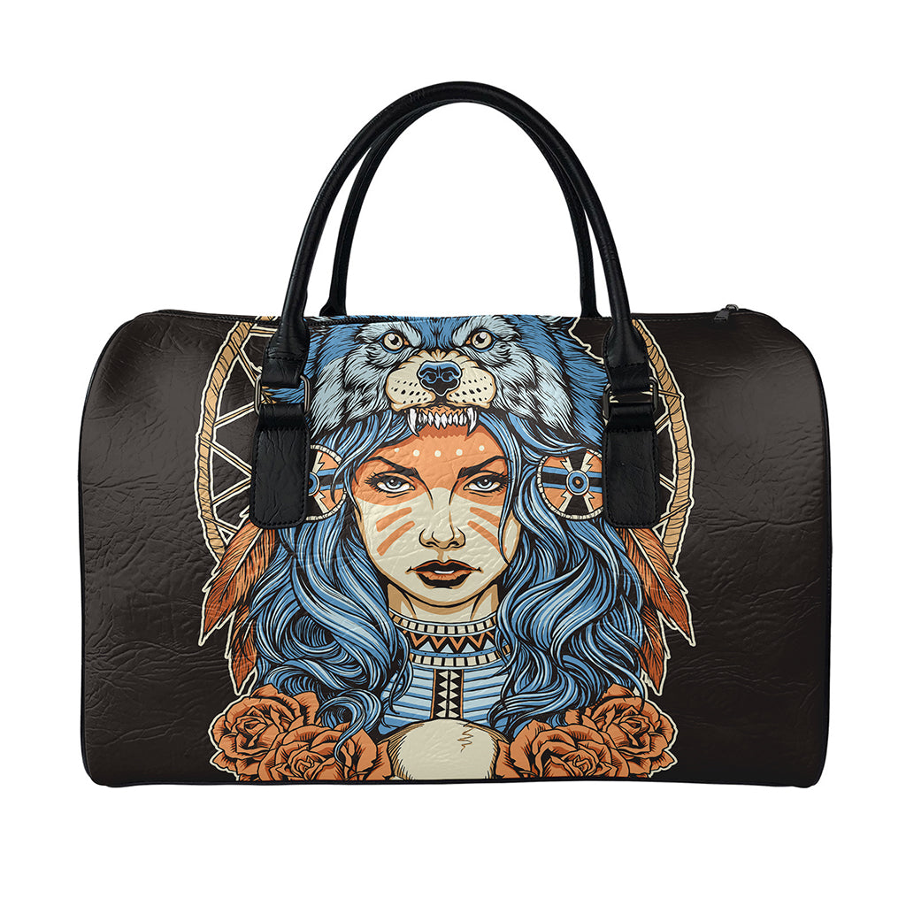 Native American Wolf Girl Print Leather Duffle Bag