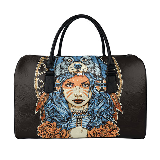 Native American Wolf Girl Print Leather Duffle Bag