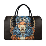 Native American Wolf Girl Print Leather Duffle Bag