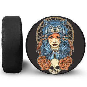 Native American Wolf Girl Print Leather Spare Tire Cover