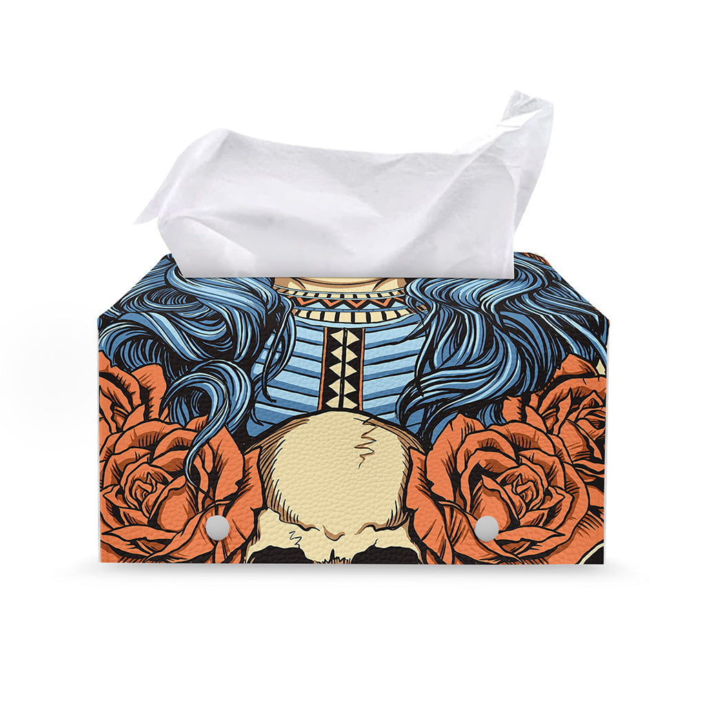 Native American Wolf Girl Print Leather Tissue Box Cover