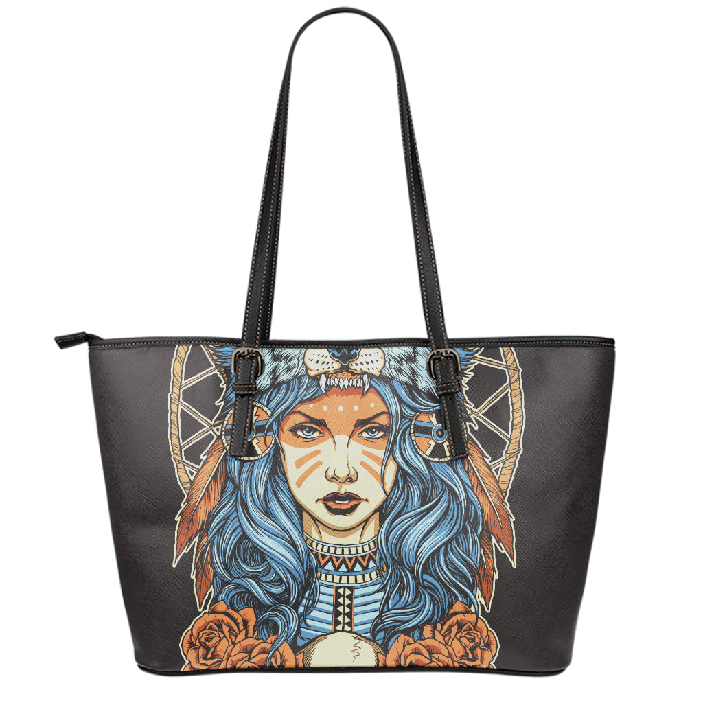 Native American Wolf Girl Print Leather Tote Bag