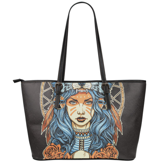 Native American Wolf Girl Print Leather Tote Bag