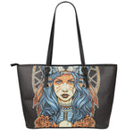 Native American Wolf Girl Print Leather Tote Bag