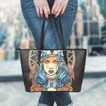 Native American Wolf Girl Print Leather Tote Bag