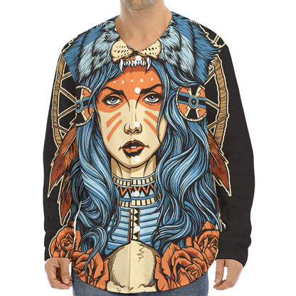 Native American Wolf Girl Print Long Sleeve Baseball Jersey