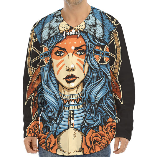 Native American Wolf Girl Print Long Sleeve Baseball Jersey