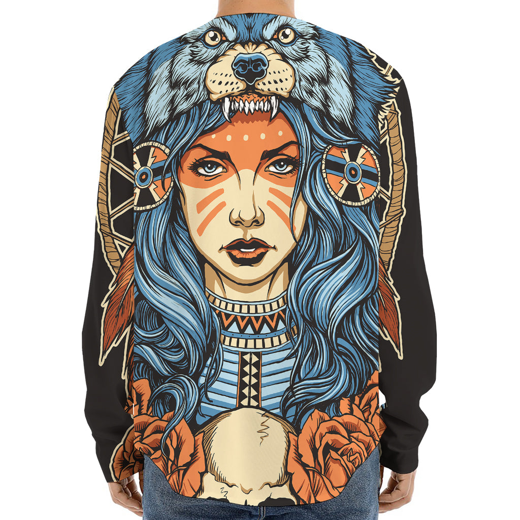 Native American Wolf Girl Print Long Sleeve Baseball Jersey