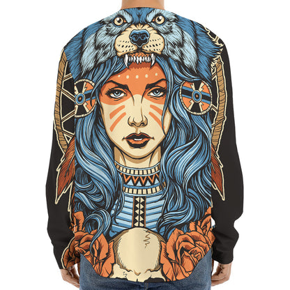 Native American Wolf Girl Print Long Sleeve Baseball Jersey