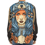 Native American Wolf Girl Print Long Sleeve Baseball Jersey