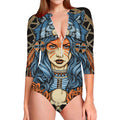 Native American Wolf Girl Print Long Sleeve Swimsuit