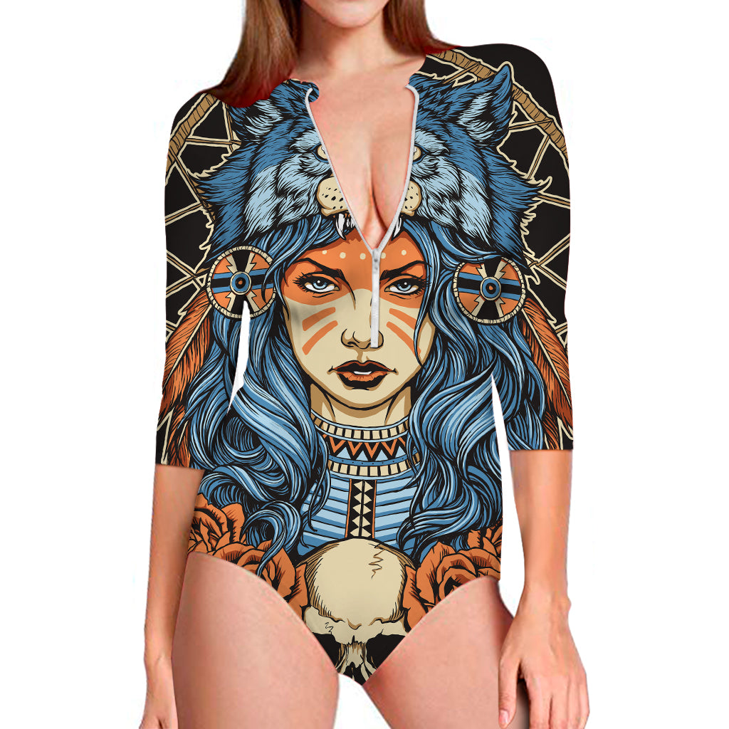 Native American Wolf Girl Print Long Sleeve Swimsuit