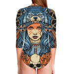 Native American Wolf Girl Print Long Sleeve Swimsuit
