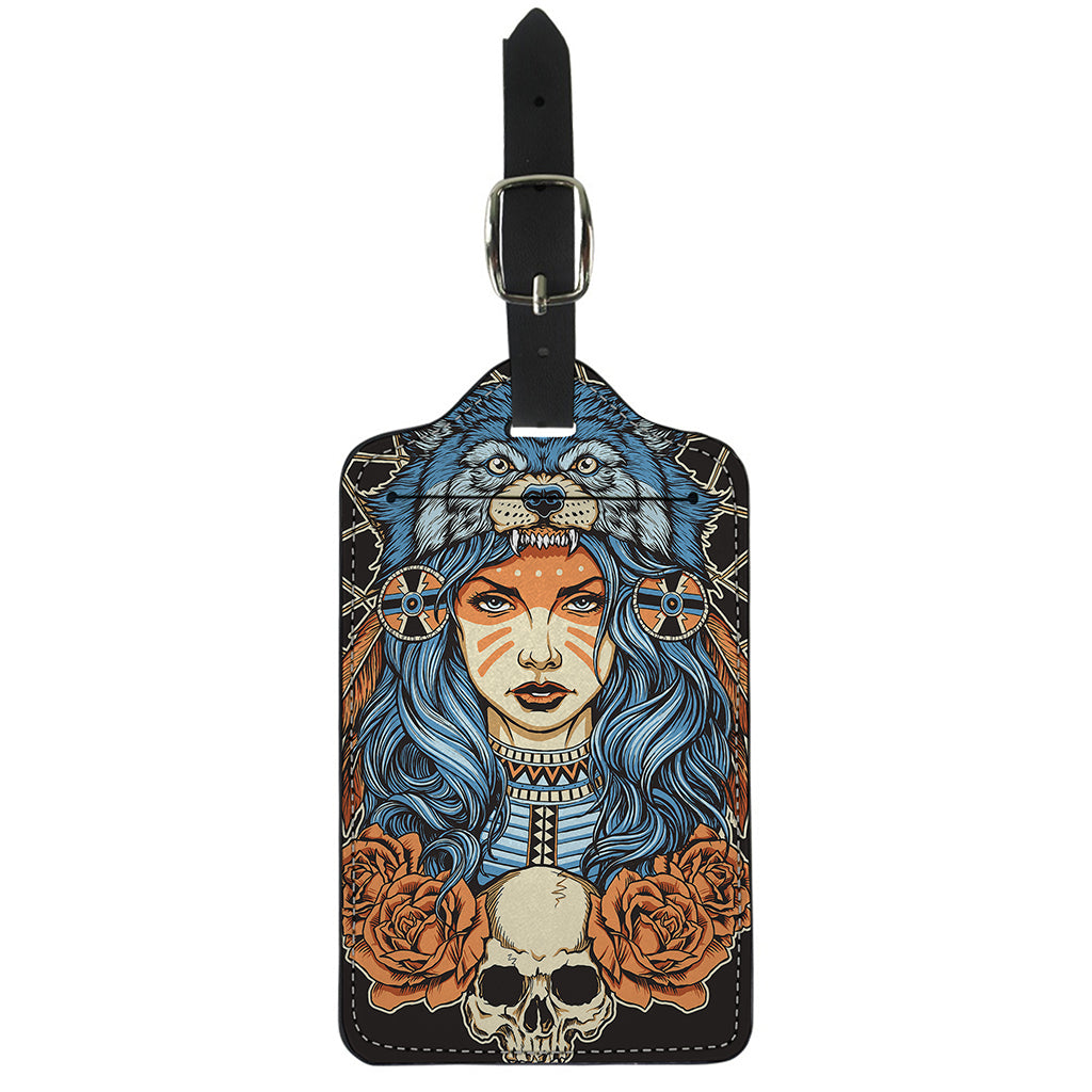 Native American Wolf Girl Print Luggage Tag