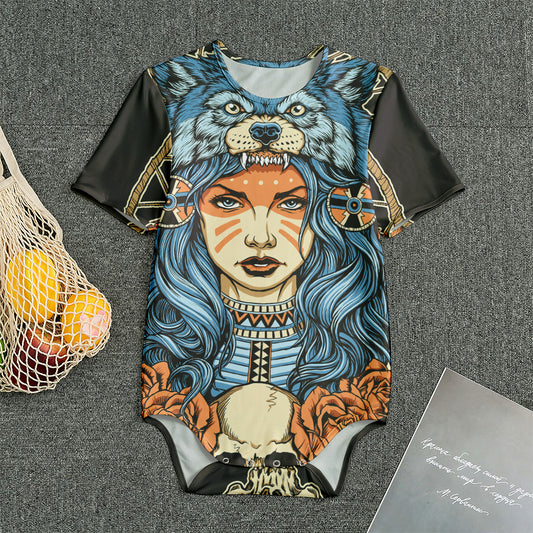 Native American Wolf Girl Print Men's Bodysuit