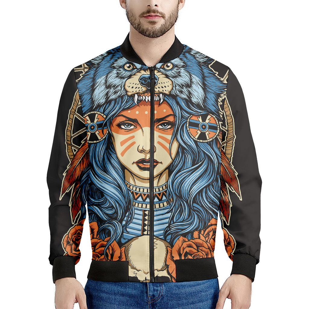 Native American Wolf Girl Print Men's Bomber Jacket