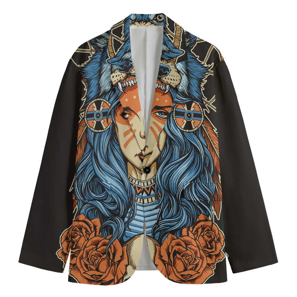 Native American Wolf Girl Print Men's Cotton Blazer